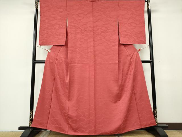平和屋着物■上質な色無地　雲取り流水地紋　銀朱色　正絹　逸品　CABF6640ou