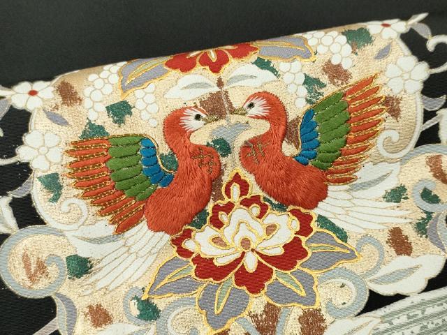 平和屋着物■豪華黒留袖　駒刺繍　更紗花鳥文　金彩　正絹　逸品　CABF6656ou