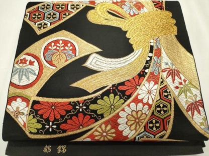 平和屋着物◎六通柄袋帯　唐織　都錦　束ね熨斗花文　黒地　金糸　正絹　逸品　CABF6660ou