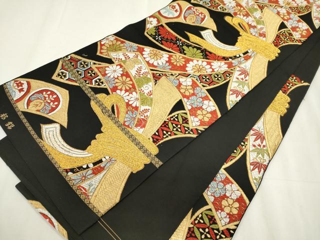 平和屋着物◎六通柄袋帯　唐織　都錦　束ね熨斗花文　黒地　金糸　正絹　逸品　CABF6660ou
