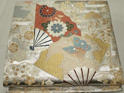 平和屋着物◎佐賀錦　六通柄袋帯　唐織　扇面花鳥文　金銀糸　正絹　逸品　CABF6661ou