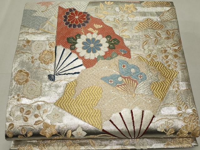 平和屋着物◎佐賀錦　六通柄袋帯　唐織　扇面花鳥文　金銀糸　正絹　逸品　CABF6661ou