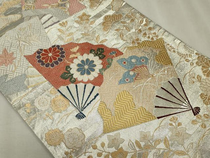 平和屋着物◎佐賀錦　六通柄袋帯　唐織　扇面花鳥文　金銀糸　正絹　逸品　CABF6661ou