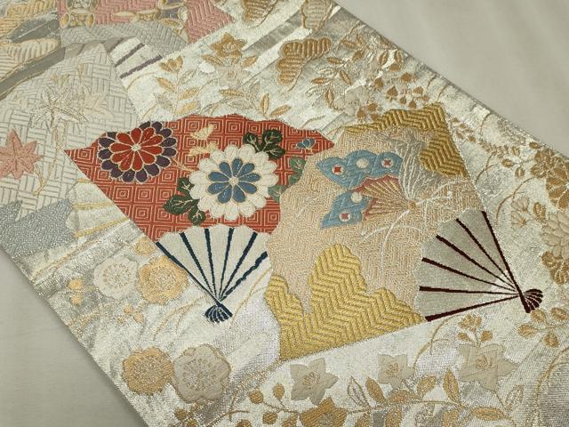 平和屋着物◎佐賀錦　六通柄袋帯　唐織　扇面花鳥文　金銀糸　正絹　逸品　CABF6661ou