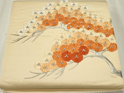 平和屋着物◎太鼓柄袋帯　総刺繍　枝花文　銀糸　正絹　逸品　CABF6664ou