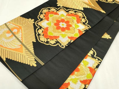 平和屋着物◎六通柄袋帯　唐織　鳳凰花文　黒地　金銀糸　正絹　逸品　CABF6666ou
