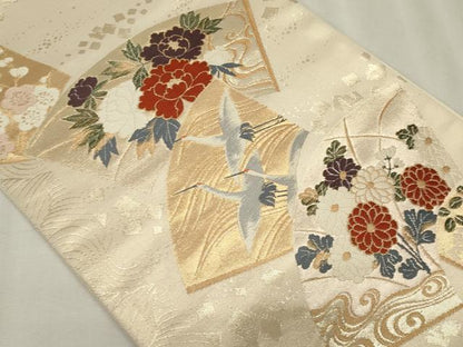 平和屋着物◎太鼓柄袋帯　唐織　地紙飛鶴花文　正絹　逸品　CABF6672ou