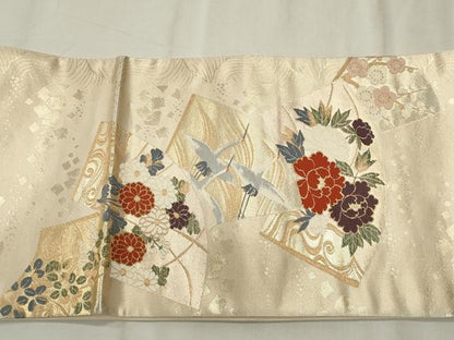 平和屋着物◎太鼓柄袋帯　唐織　地紙飛鶴花文　正絹　逸品　CABF6672ou