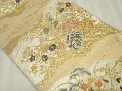 平和屋着物◎六通柄袋帯　唐織　草花文　金糸　正絹　逸品　CABF6678ou