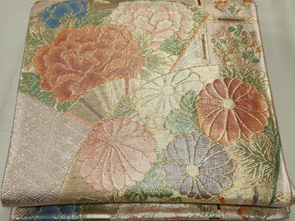 平和屋着物◎六通柄袋帯　扇面花文　金銀糸　正絹　逸品　CABF6682ou