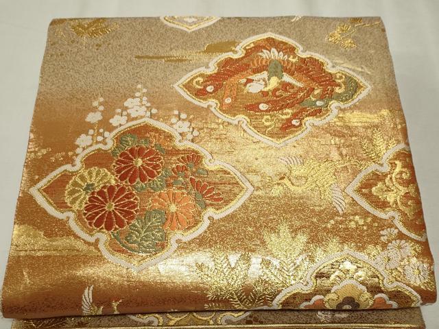 平和屋着物◎両面　六通柄袋帯　唐織　飛鶴鳳凰花文　金糸　正絹　逸品　CABF6688ou