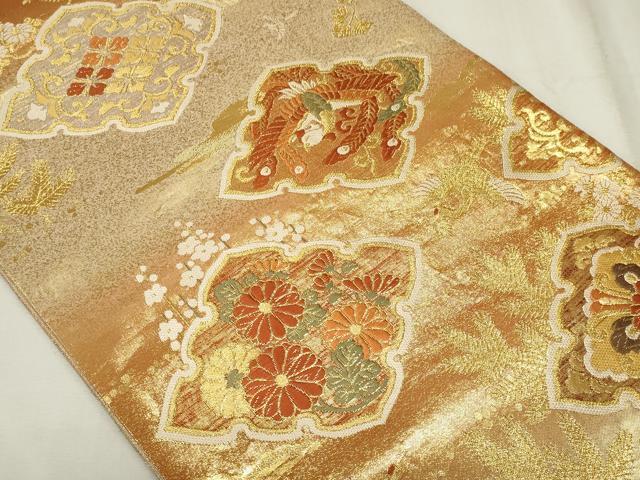 平和屋着物◎両面　六通柄袋帯　唐織　飛鶴鳳凰花文　金糸　正絹　逸品　CABF6688ou