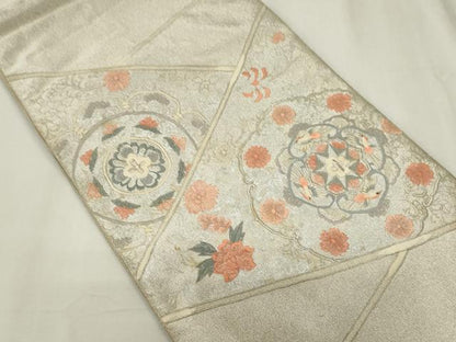 平和屋着物◎六通柄袋帯　綴れ　総刺繍　花鳥文　銀糸　正絹　逸品　CABF6689ou