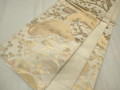 平和屋着物◎西陣　服部織物謹製　六通柄袋帯　こはく錦　枝梅松文　金糸　正絹　逸品　CABF6691ou