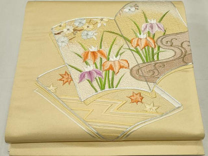 平和屋着物◎太鼓柄袋帯　総刺繍　駒刺繍　冊子草花文　金銀糸　正絹　逸品　CABF6694ou