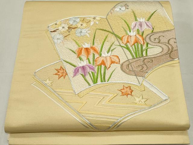 平和屋着物◎太鼓柄袋帯　総刺繍　駒刺繍　冊子草花文　金銀糸　正絹　逸品　CABF6694ou