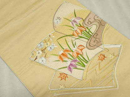 平和屋着物◎太鼓柄袋帯　総刺繍　駒刺繍　冊子草花文　金銀糸　正絹　逸品　CABF6694ou
