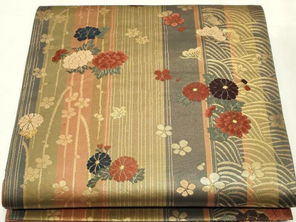平和屋着物◎六通柄袋帯　唐織　草花間道　金糸　正絹　逸品　CABF6699ou