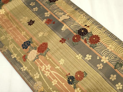 平和屋着物◎六通柄袋帯　唐織　草花間道　金糸　正絹　逸品　CABF6699ou