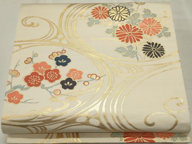 平和屋着物◎六通柄袋帯　唐織　流水花文　金糸　正絹　逸品　CABF6704ou