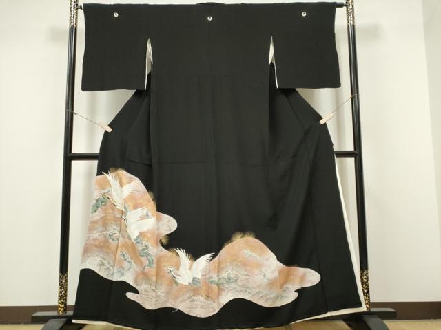 平和屋着物■豪華黒留袖　駒刺繍　飛鶴松文　金銀彩　正絹　逸品　CABF6786ou