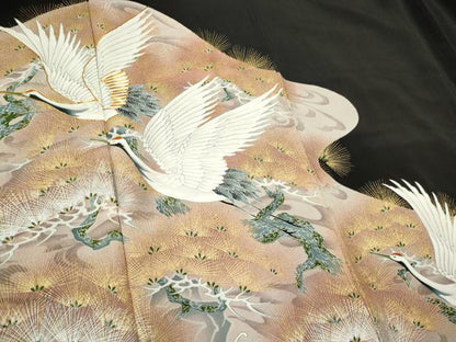 平和屋着物■豪華黒留袖　駒刺繍　飛鶴松文　金銀彩　正絹　逸品　CABF6786ou