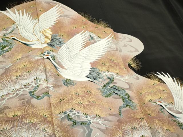 平和屋着物■豪華黒留袖　駒刺繍　飛鶴松文　金銀彩　正絹　逸品　CABF6786ou