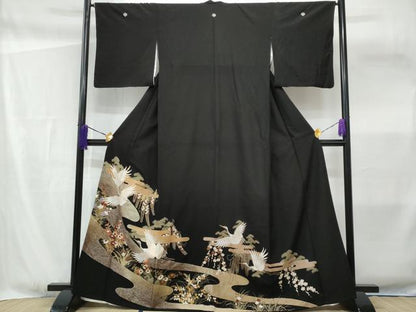 平和屋着物■黒留袖 エ霞飛鶴草花文 金銀彩 洗える着物 CABF6912fb