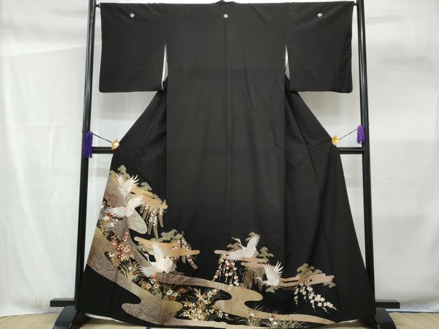 平和屋着物■黒留袖 エ霞飛鶴草花文 金銀彩 洗える着物 CABF6912fb