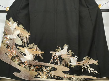 平和屋着物■黒留袖 エ霞飛鶴草花文 金銀彩 洗える着物 CABF6912fb