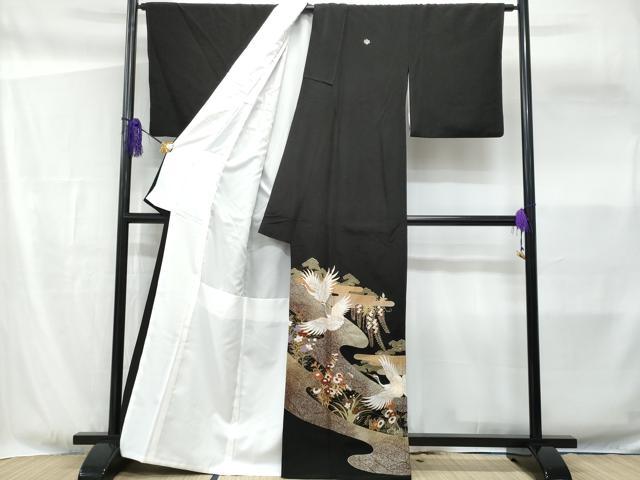 平和屋着物■黒留袖 エ霞飛鶴草花文 金銀彩 洗える着物 CABF6912fb