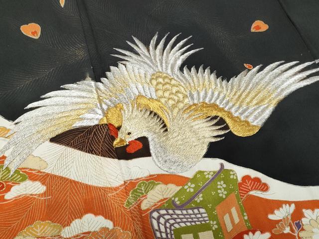 平和屋着物■豪華黒留袖 刺繍 鳳凰御所車花文 金彩 正絹 逸品 CABF6928fb