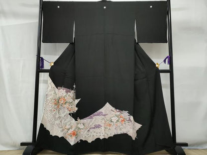 平和屋着物■豪華黒留袖 駒刺繍 扇面飛鶴花文 暈し染め 金彩 正絹 逸品 CABF6929fb
