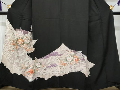 平和屋着物■豪華黒留袖 駒刺繍 扇面飛鶴花文 暈し染め 金彩 正絹 逸品 CABF6929fb