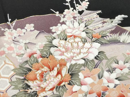 平和屋着物■豪華黒留袖 駒刺繍 扇面飛鶴花文 暈し染め 金彩 正絹 逸品 CABF6929fb
