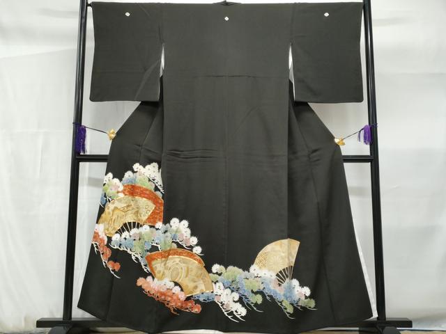 平和屋着物■豪華黒留袖　駒刺繍　扇面御所車枝松文　金銀彩　正絹　逸品　CABF6966fb