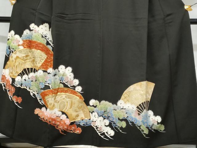 平和屋着物■豪華黒留袖　駒刺繍　扇面御所車枝松文　金銀彩　正絹　逸品　CABF6966fb