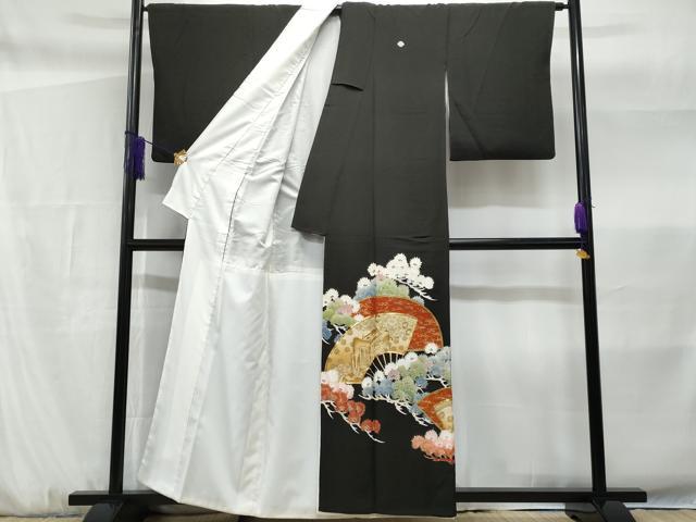 平和屋着物■豪華黒留袖　駒刺繍　扇面御所車枝松文　金銀彩　正絹　逸品　CABF6966fb
