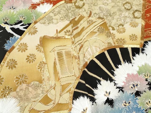 平和屋着物■豪華黒留袖　駒刺繍　扇面御所車枝松文　金銀彩　正絹　逸品　CABF6966fb