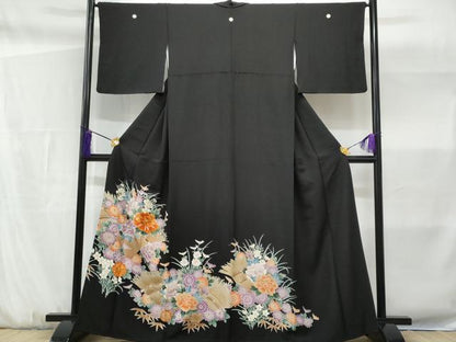 平和屋着物■豪華黒留袖　刺繍　草花文　金彩　正絹　逸品　CABF6970fb
