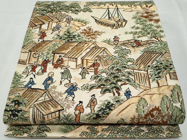 平和屋着物◎六通柄袋帯 唐織 風景人物紋 金糸 正絹 逸品 CABF6983fb
