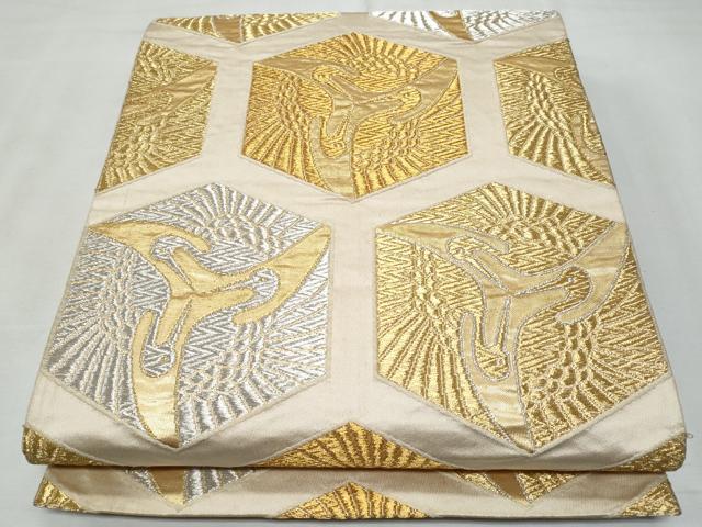 平和屋着物◎六通柄袋帯 亀甲双鶴文 金銀糸 正絹 逸品 CABF6991fb