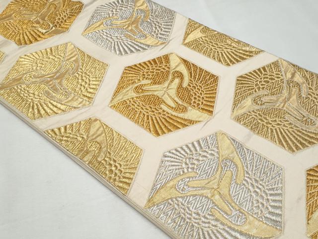 平和屋着物◎六通柄袋帯 亀甲双鶴文 金銀糸 正絹 逸品 CABF6991fb