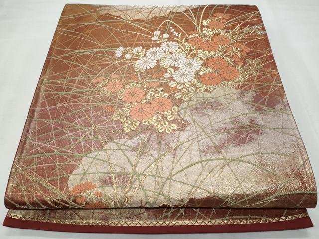 平和屋着物◎六通柄袋帯 雲取り草花文 金銀糸 正絹 逸品 CABF7004fb