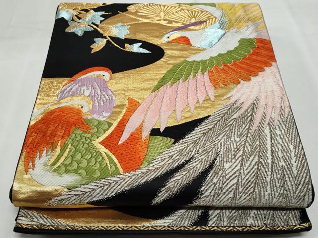 平和屋着物◎六通柄袋帯 唐織 鳳凰 鴛鴦 黒地 金糸 正絹 逸品 CABF7016fb