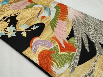 平和屋着物◎六通柄袋帯 唐織 鳳凰 鴛鴦 黒地 金糸 正絹 逸品 CABF7016fb