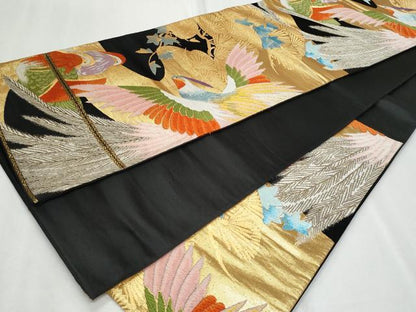 平和屋着物◎六通柄袋帯 唐織 鳳凰 鴛鴦 黒地 金糸 正絹 逸品 CABF7016fb