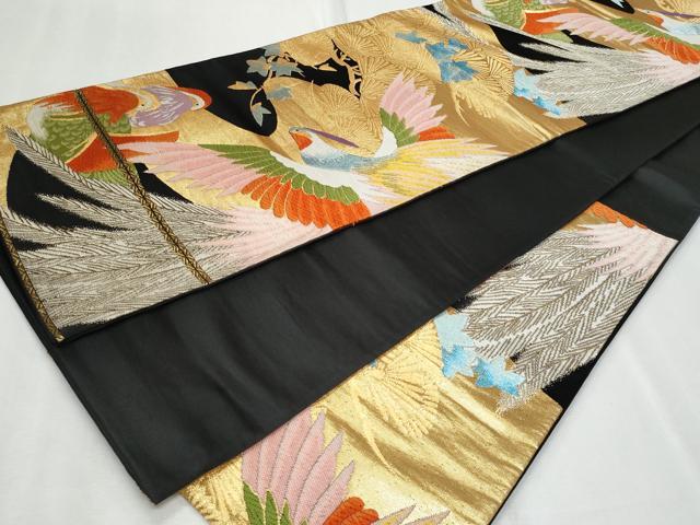 平和屋着物◎六通柄袋帯 唐織 鳳凰 鴛鴦 黒地 金糸 正絹 逸品 CABF7016fb