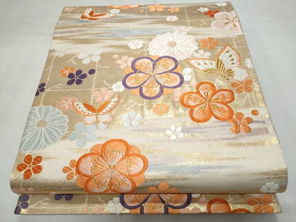 平和屋着物◎六通柄袋帯　唐織　舞蝶花文　金糸　正絹　逸品　CABF7028fb