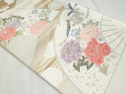 平和屋着物◎六通柄袋帯　唐織　扇面鳳凰花文　金銀糸　正絹　逸品　CABF7055fb